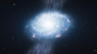 a white spiral-shaped cloud of dots of light on a black background