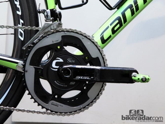 Peter Sagan is using an SRM power meter crank based on Cannondale Hollowgram Si SL hollow aluminum crankarms