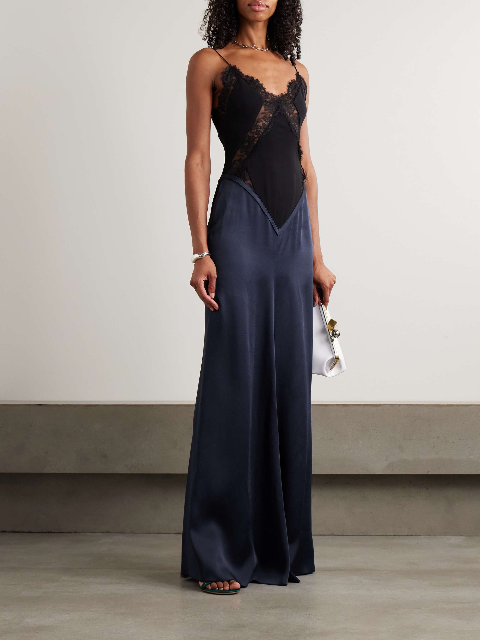Lace-Trimmed Crepe and Satin-Crepe Gown