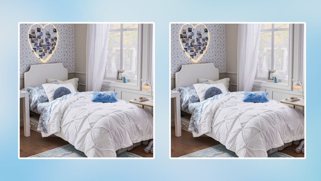 White dorm bed on blue background