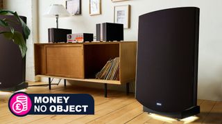 Quad's Generation X ESL speakers in a hi-fi listening room with lots of vinyl, and TechRadar's 'Money No Object' badge