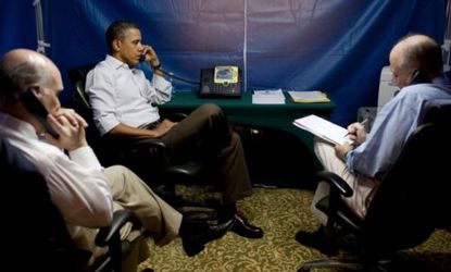 Obama is briefed on the situation in Libya during a conference call Sunday.