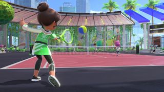 A Mii plays tennis on a clay court in Nintendo Switch Sports.