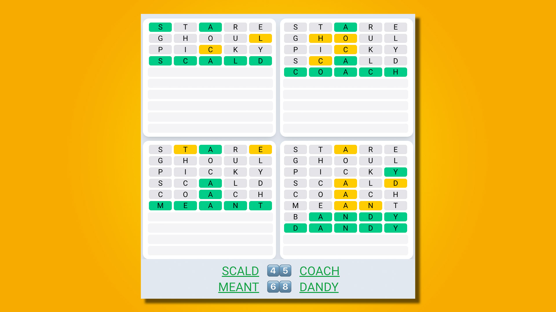 Quordle Daily Sequence отвечает на игру 479 на желтом фоне