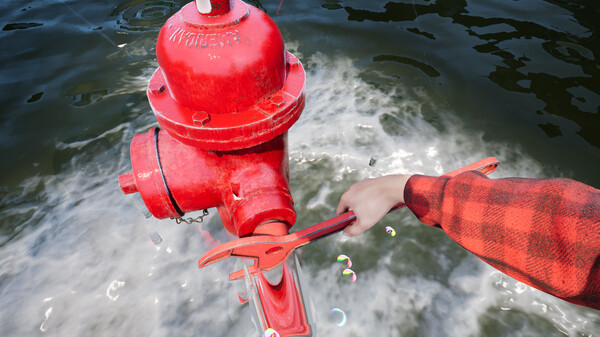 Screenshot from DrainSim game showing water physics in a flooded city