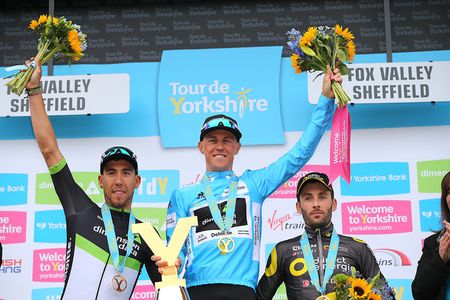 Omar Fraile, Serge Pauwels and Jonathan Hivert on the final Tour de Yorkshire podium
