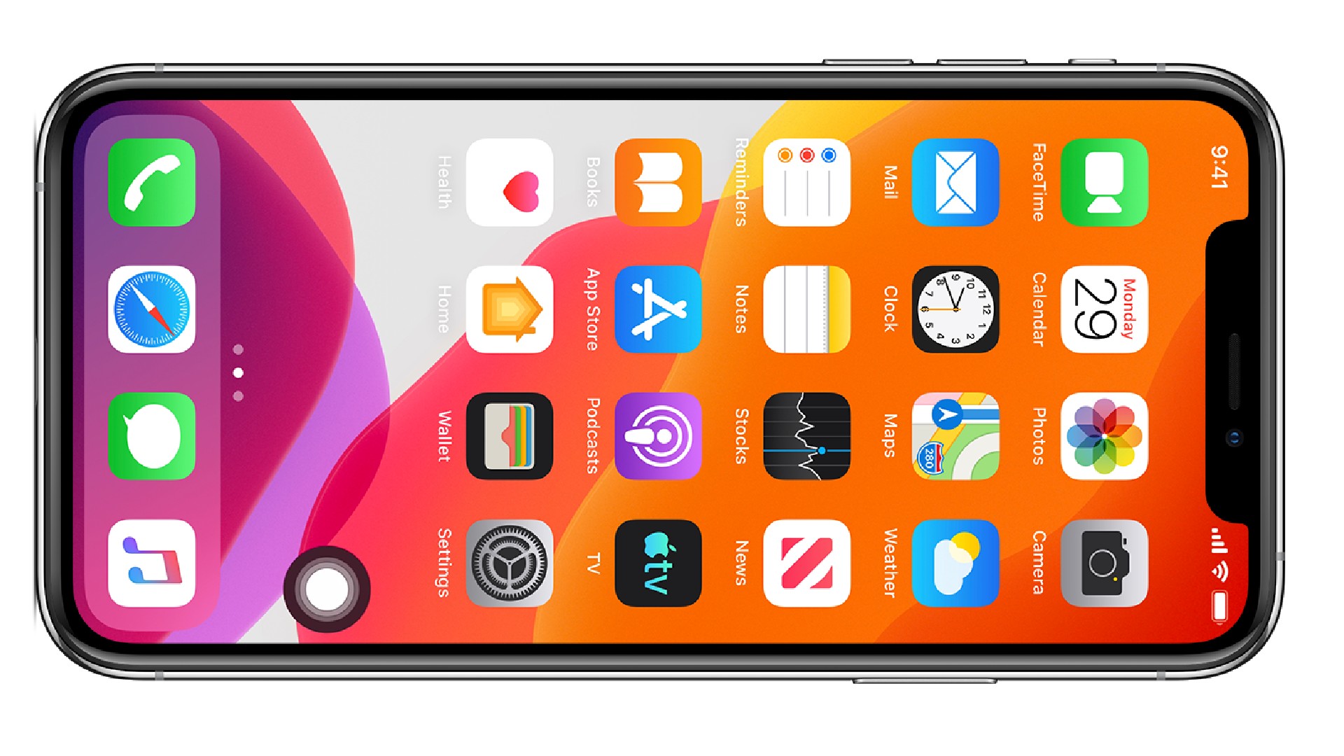 Una orientación horizontal frente al iPhone muestra una cuadrícula de íconos coloridos de aplicaciones de iOS y una barra de acoplamiento sobre un fondo de pantalla de color rosa y naranja vibrante.