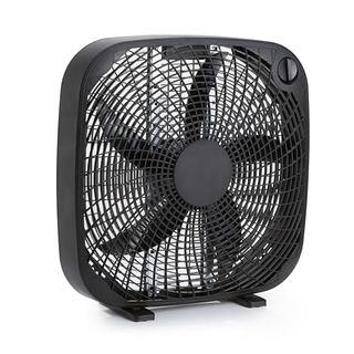 A square black Amazon Basics 20-Inch Box Fan