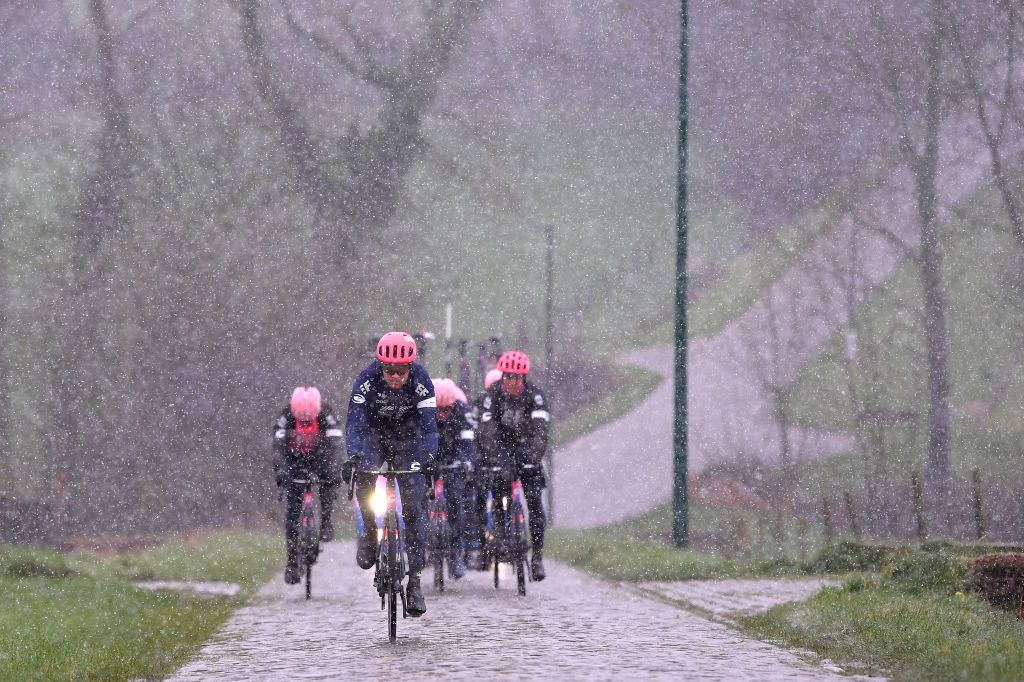 OUDENAARDE BELGIUM FEBRUARY 27 Logan Owen of The United States and Team EF Education First Snow Cobblestones during the 75th Omloop Het Nieuwsblad 2020 Team EF Pro Cycling recon route OHN2020 OHN20 efprocycling on February 27 2020 in Oudenaarde Belgium Photo by Luc ClaessenGetty Images