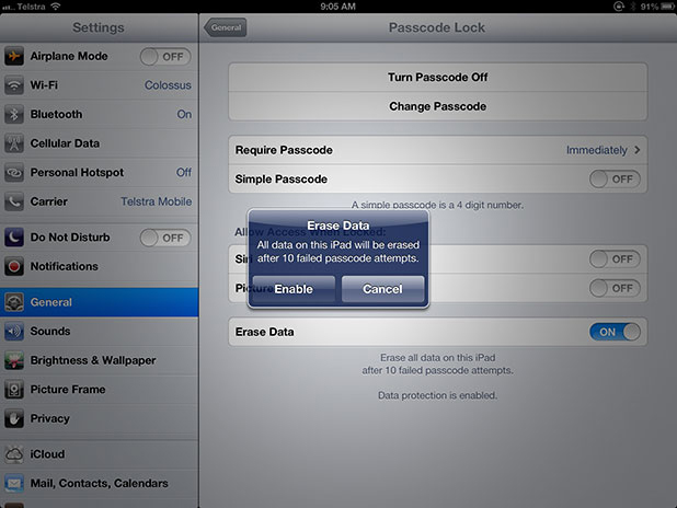 Erase data security feature