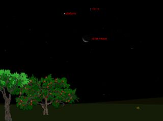 This sky map shows how the planet Saturn will form a sky triangle with the moon and bright star Spica on Dec. 20, 2011, before sunrise at 4 a.m.