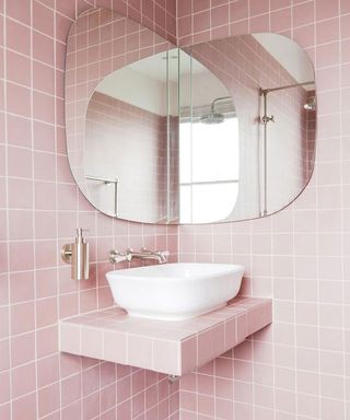 bathroom pink wall and mirror