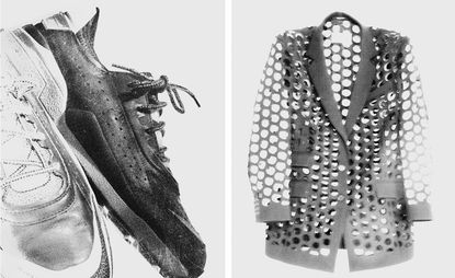Illustrations of perforated fashion, on the left neoprene trainers, and on the right a holey jacket