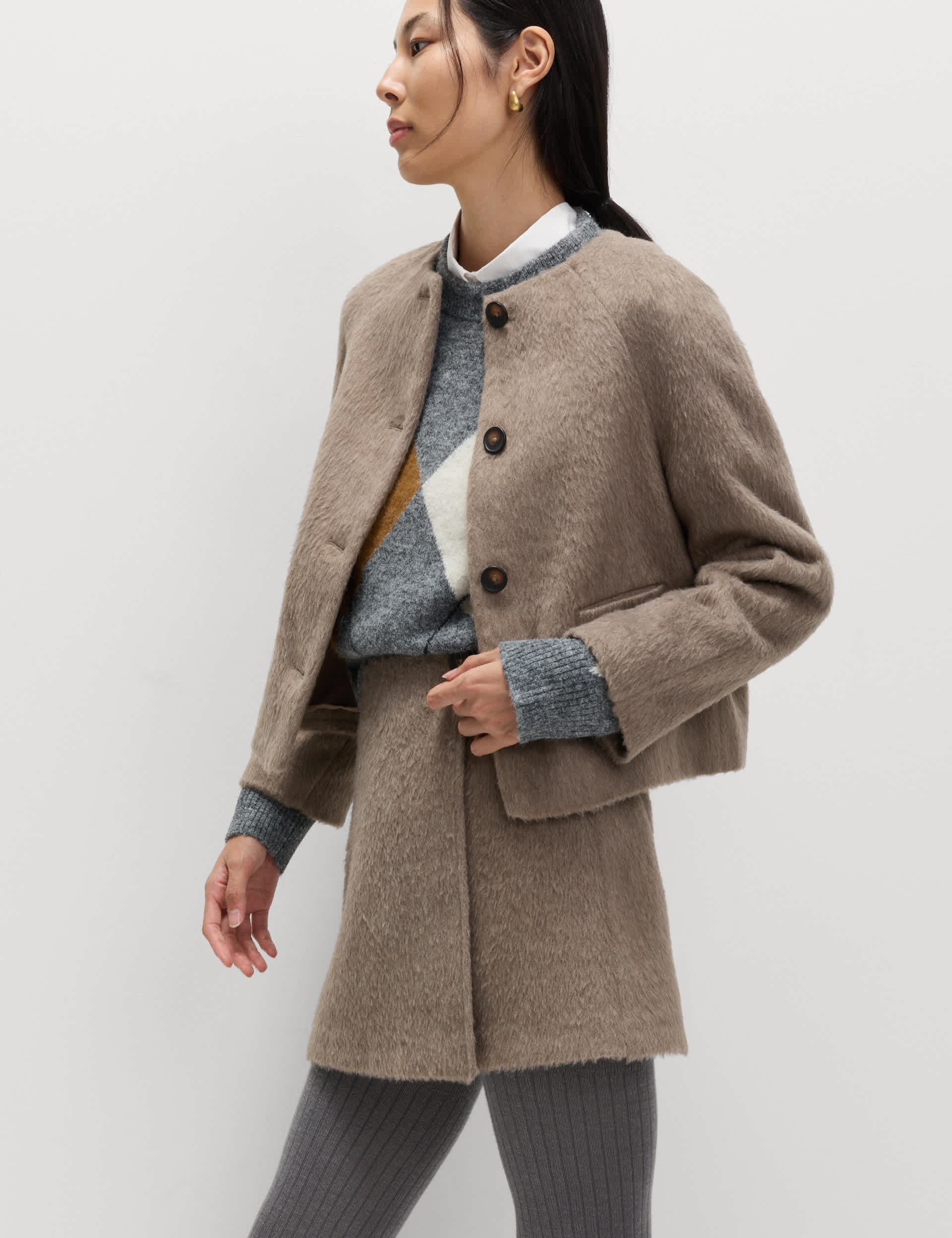 Brushed Collarless Jacket With Wool