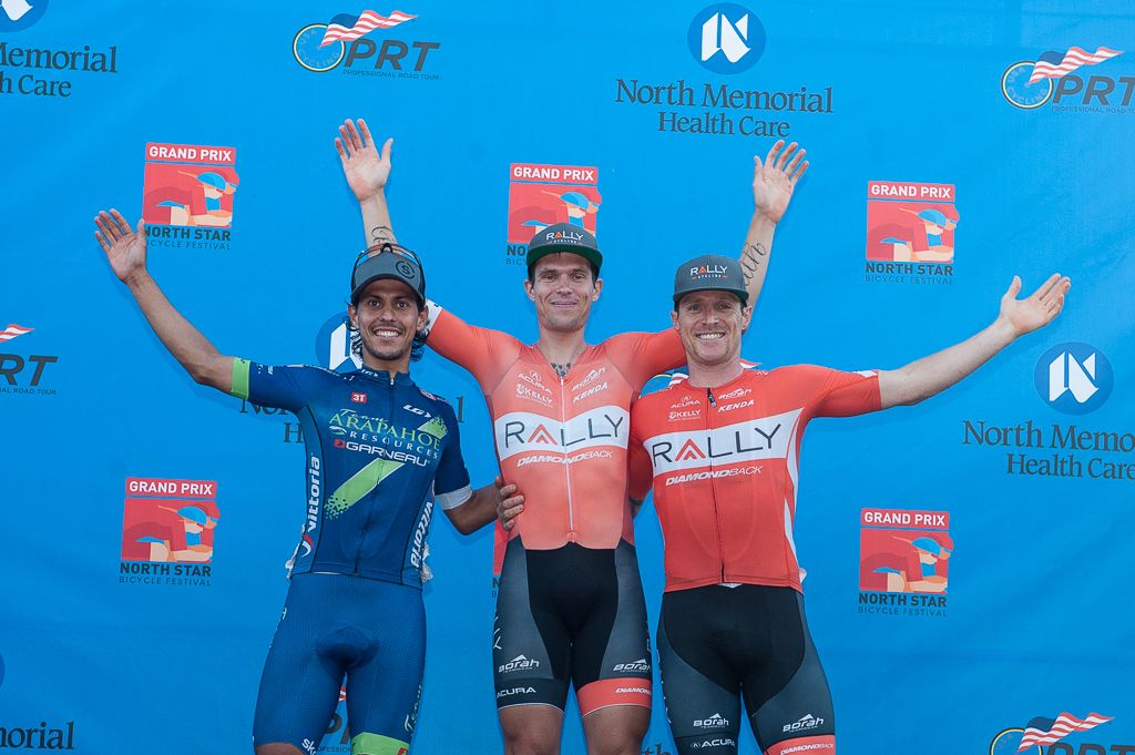 Stage 3 Podium: Julio Padilla (Team Arapahoe Resources), Evan Huffman (Rally Cycling), Brad Huff (Rally Cycling)