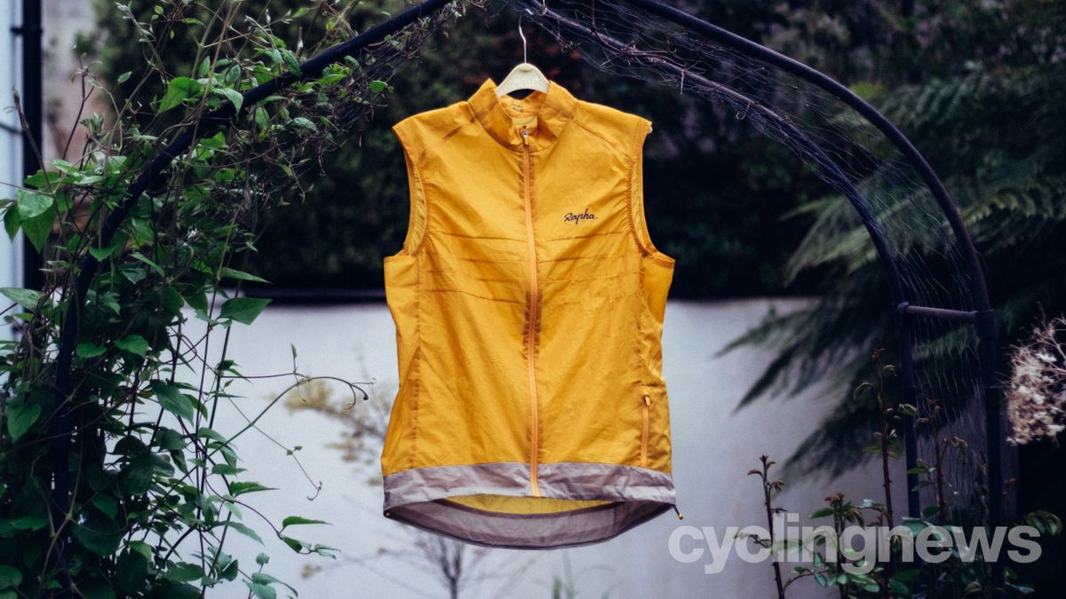 A yellow gilet hung up on a garden trellis archway
