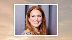 Julianne Moore is pictured with wavy copper hair at the 14th Governors Awards held at The Ray Dolby Ballroom at Ovation Hollywood on January 9, 2024 in Los Angeles, California/ in a beige and grey sunset-style template