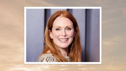 Julianne Moore is pictured with wavy copper hair at the 14th Governors Awards held at The Ray Dolby Ballroom at Ovation Hollywood on January 9, 2024 in Los Angeles, California/ in a beige and grey sunset-style template