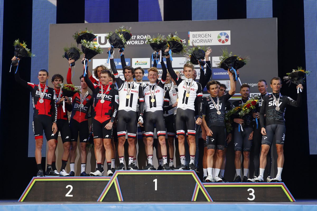 Winners Team Sunweb, runners-up BMC Racing and third-placed Team Sky on the podium after the men's TTT in Bergen
