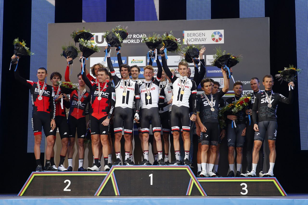 Winners Team Sunweb, runners-up BMC Racing and third-placed Team Sky on the podium after the men's TTT in Bergen