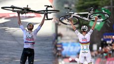 Tadej Pogačar lifts his bike aloft after taking stunning wins at Strade Bianche and Il Lombardia, his first and last races of the season