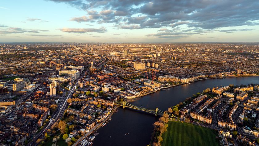 Aerial view of the Hammersmith Bridge in the Hammersmith and Fulham Council borough of London. 