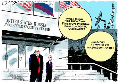Political cartoon U.S. G20 summit Trump Russian collusion cybersecurity deal dictatorship