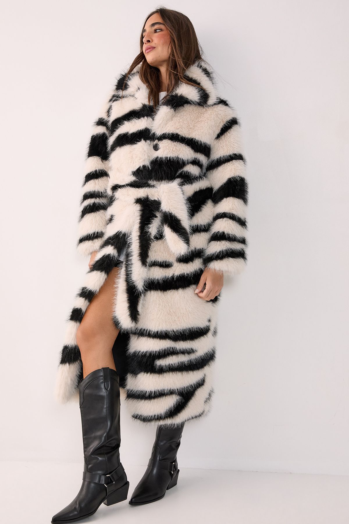 Zebra Print Faux Fur Collared Longline Coat
