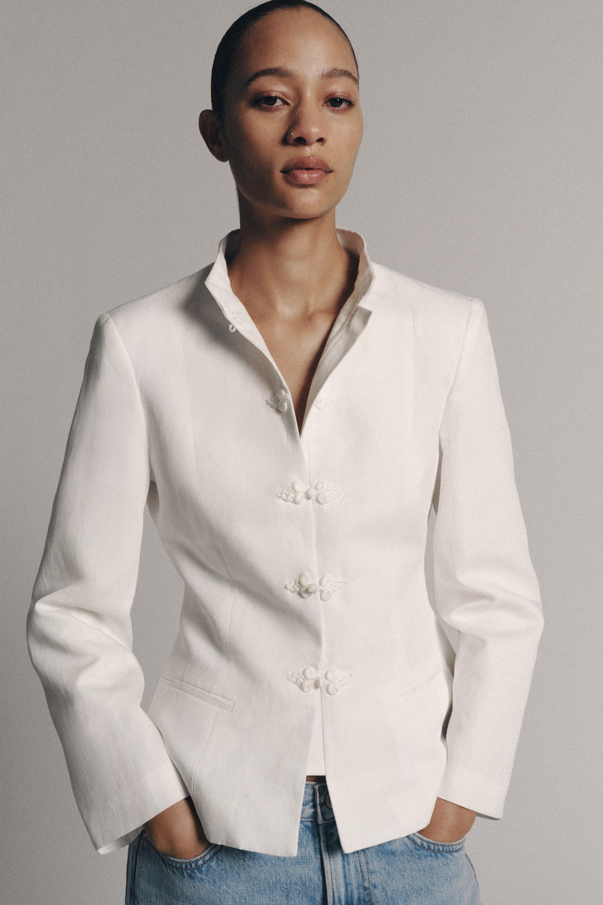 Zw Collection Peplum Blazer With Frog Fastening - Oyster-White - Xs