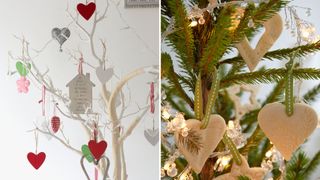 Alternative twig tree decorated with hearts and artificial tree with white felt heart decorations to show how Valentine's day trees are a modern decoration