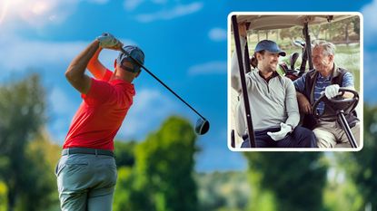 Male golfer hitting a driver off the tee and an inset image of a father and son in a golf buggy