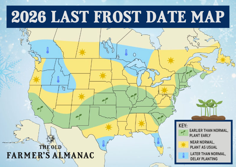 The Old Farmer's Almanac 2026 Last Frost Date Map