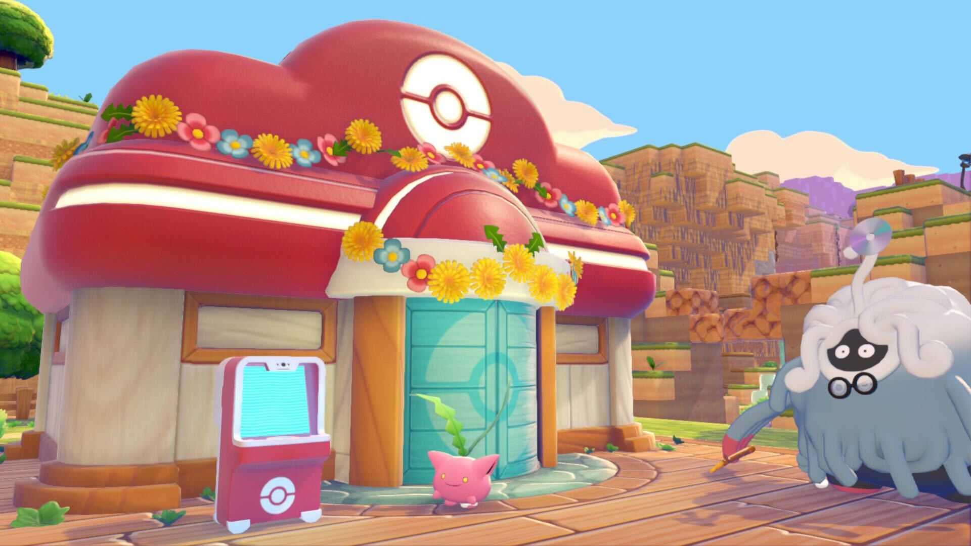 The Withered Wasteland Pokemon Centre adorned with flowers in Pokopia