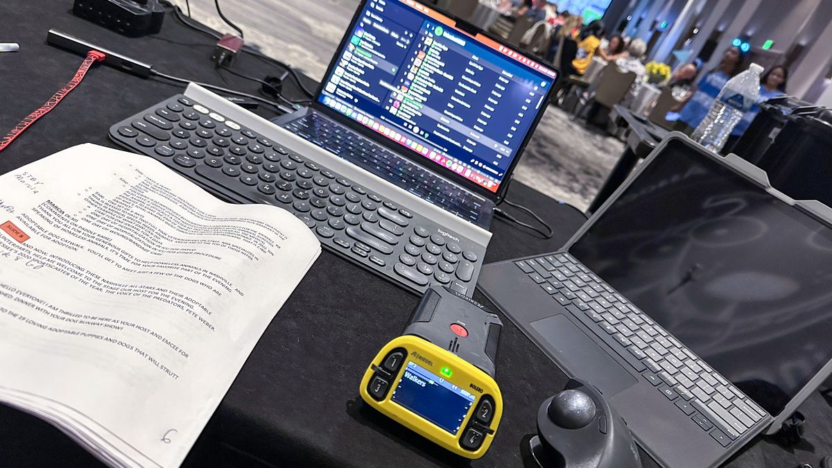 A pair of laptops controlling comms with Riedel Solutions at a Nashville event. 