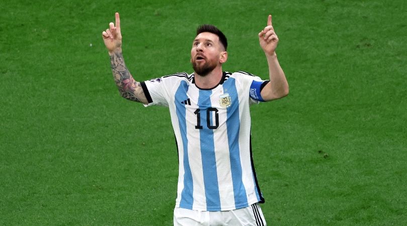 Lionel Messi celebrates after scoring for Argentina against France in the World Cup 2022 final.