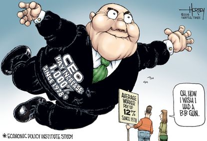 Political Cartoon Worker Pay CEO Pay Inflated Balloon