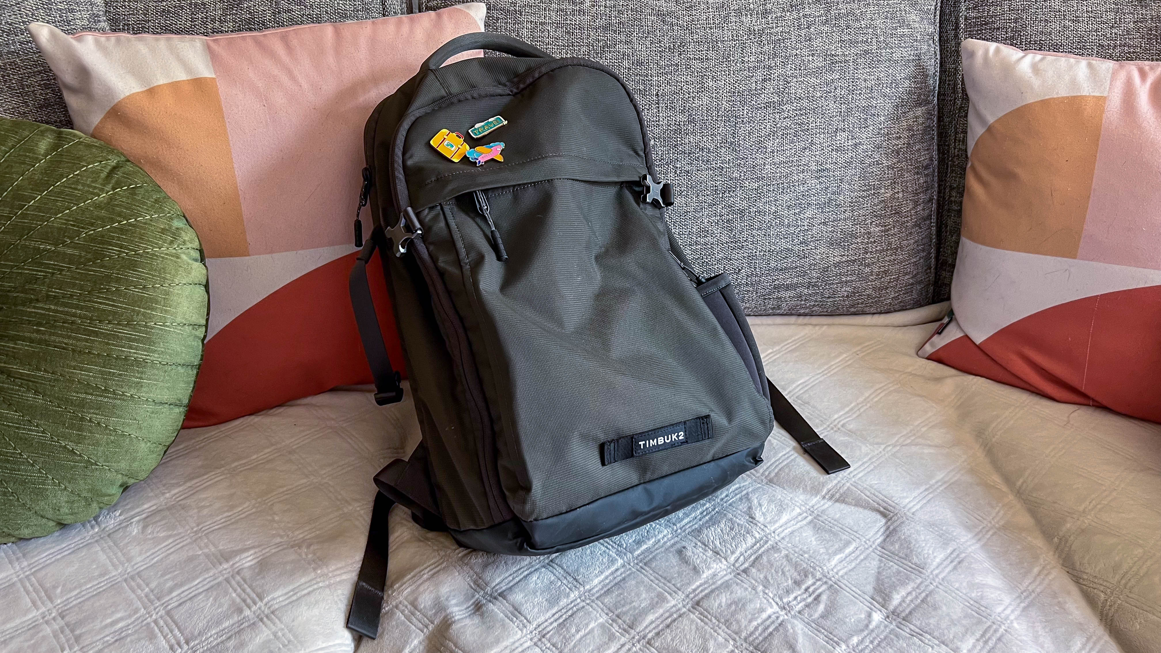Timbuk2 Division Laptop Backpack Deluxe on the reviewer's couch
