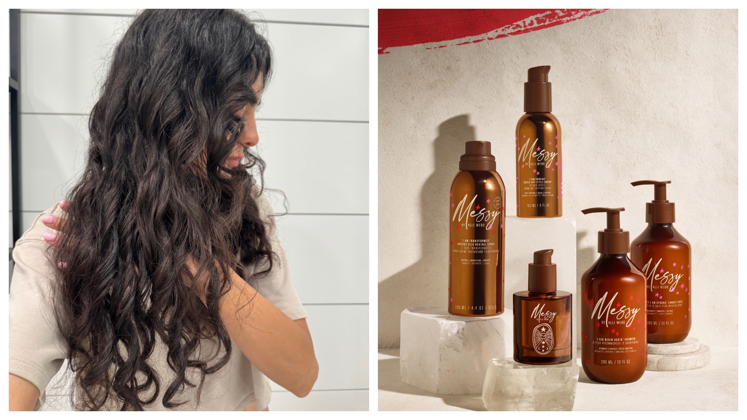 Michelle Rostamian with dark brown curls next to a pack shot of brown bottles