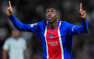 Ousmane Dembele of Paris Saint-Germain celebrates scoring his team’s first goal during the UEFA Champions League 2026/27 League Phase MD1 match between Paris Saint-Germain and SK Slovan Bratislava