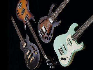 Clockwise from top left: Lakland Skyline Hollowbody Bass, Hutchins Prince II Bass, Danelectro '63 Long Scale Bass and Ibanez AGB200 Artcore Bass