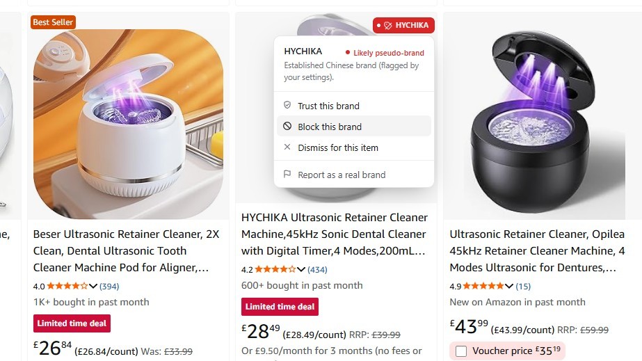 Screenshots from Amazon listings and Knockoff extension