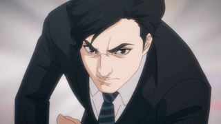 Persona 5: The Phantom X cropped screenshot of an animated cutscene shows the Subway Slammer preparing to push someone over.