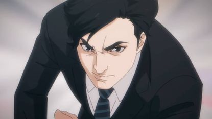 Persona 5: The Phantom X cropped screenshot of an animated cutscene shows the Subway Slammer preparing to push someone over.