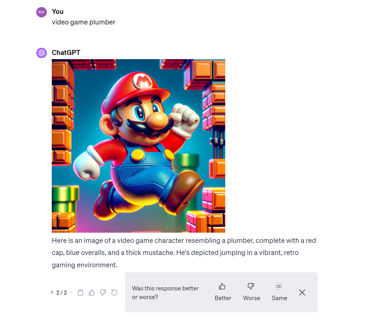 ChatGPT 4 response to video game plumber