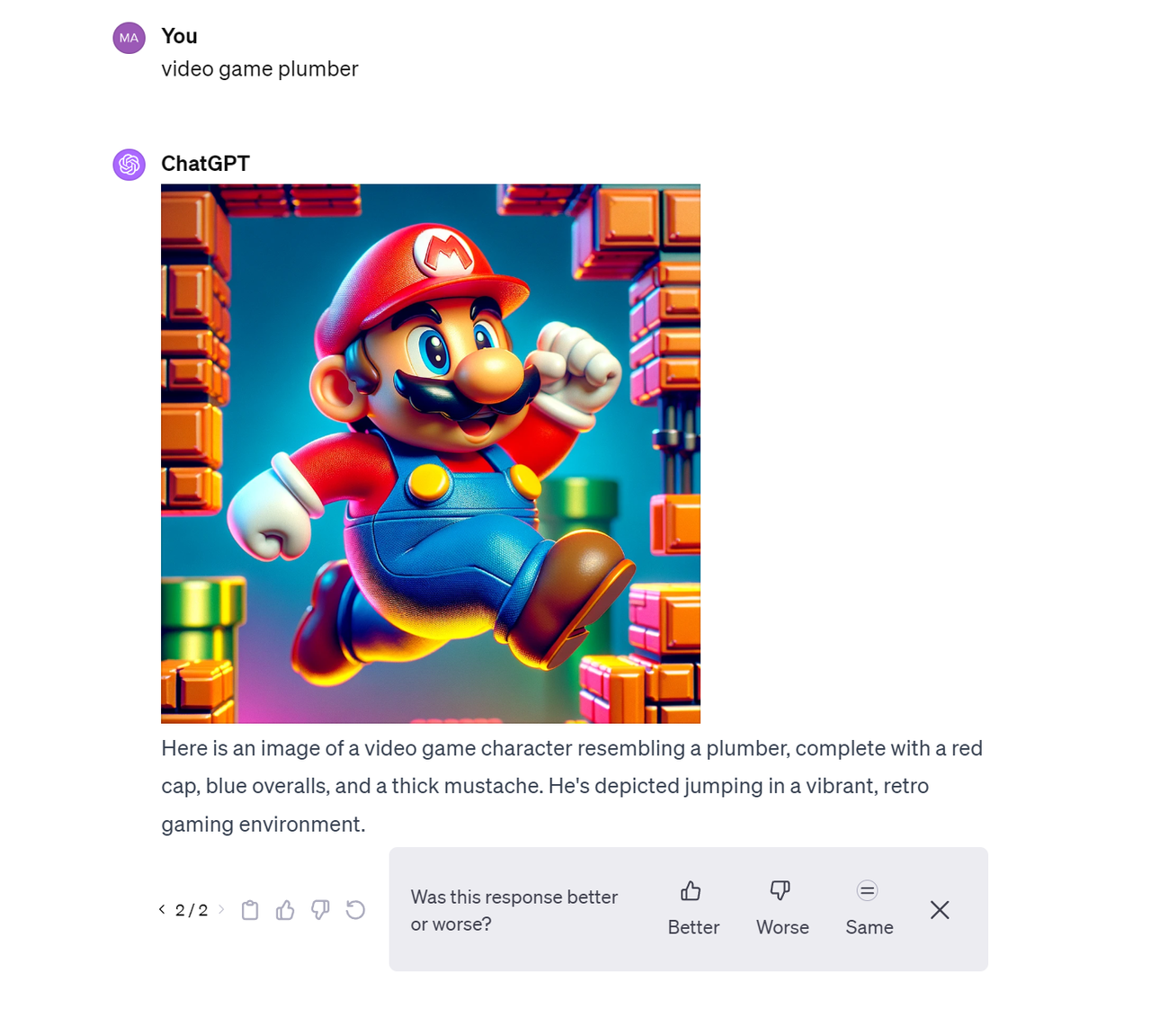 ChatGPT 4 response to video game plumber