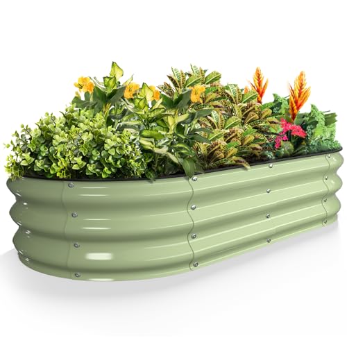 Kesfitt Raised Garden Bed, 4x2x1 Ft Galvanized Steel Metal Raised Garden Bed, Oval Open-Bottom Design, 12-Inch Deep for Outdoor Vegetable &amp;amp; Herb Gardening, Fruit Green