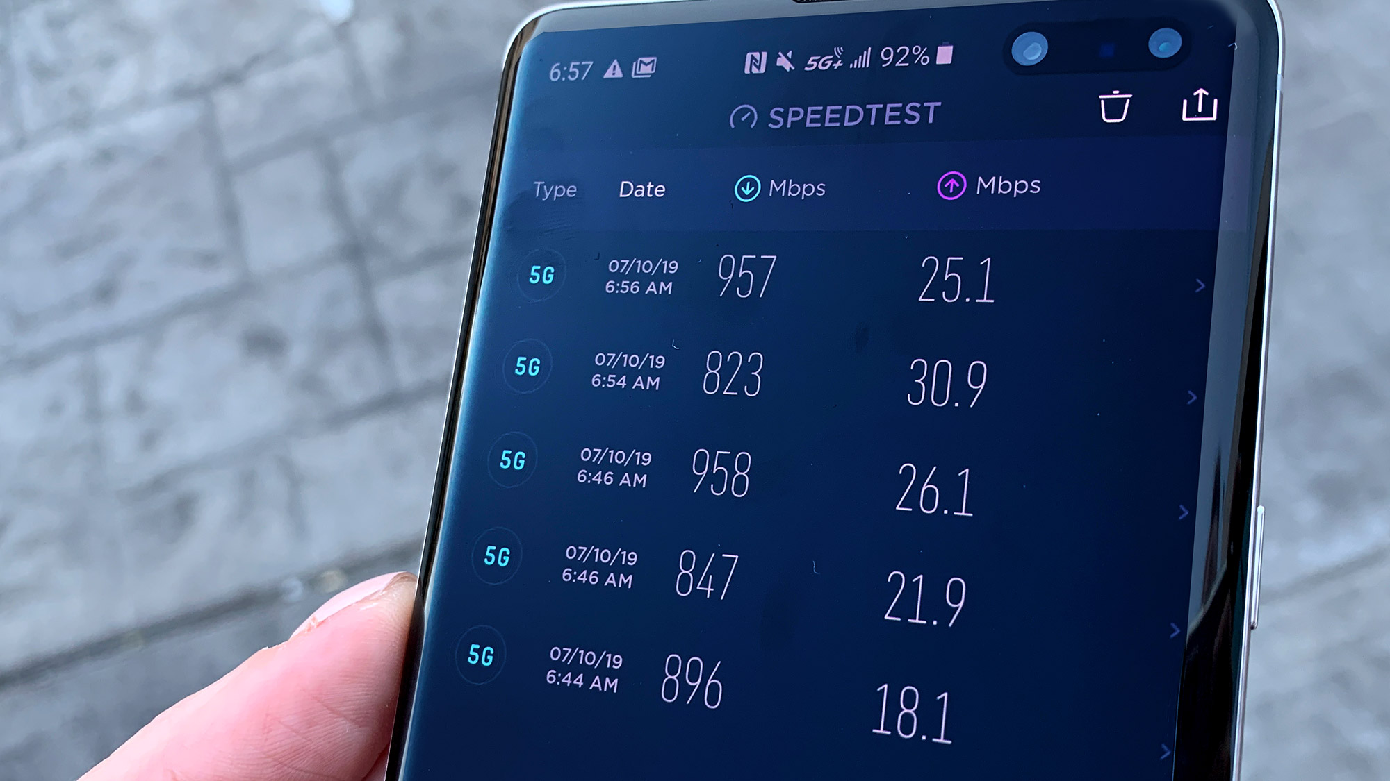 Image showing 5G speed results on the Speedtest app
