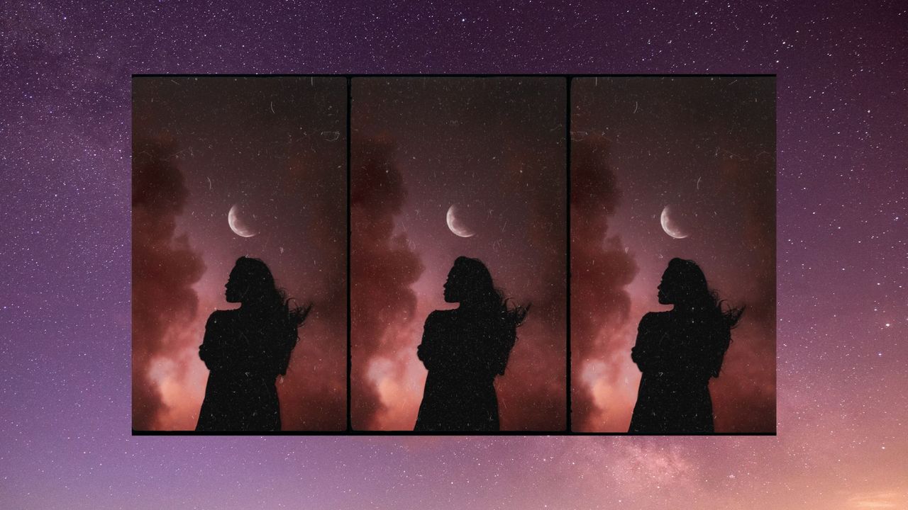 leo new moon 2022 feature image a woman beneath a new moon and pink/purple skies