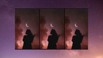leo new moon 2022 feature image a woman beneath a new moon and pink/purple skies