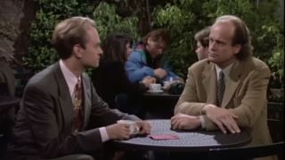 David Hyde Pierce and Kelsey Grammer having coffee on Frasier